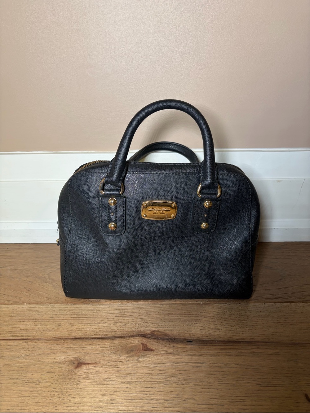 Michael Kors Black Saffiano Satchel with Gold Plaque
